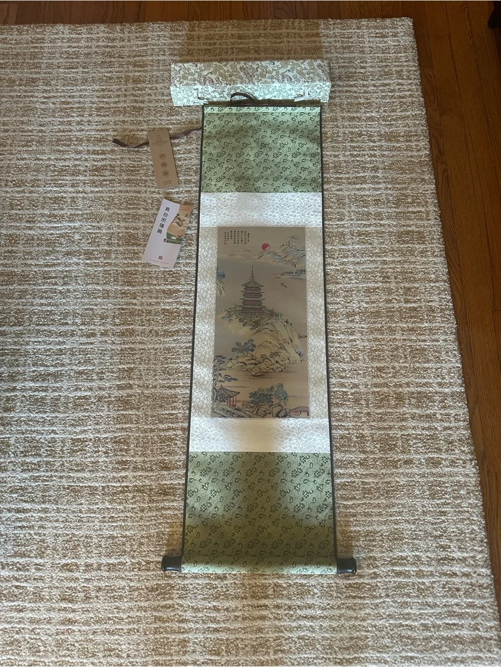 Traditional Green Brocade Silk Scroll Wall Art with Pagoda Landscape.